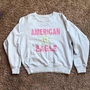 American Eagle Outfitters Light Blue Sweatshirt with Pink and Green Design